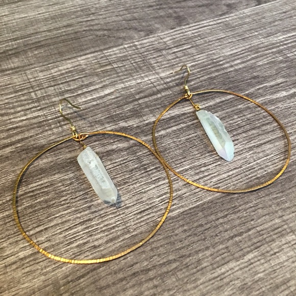 🌓BRASS HAND HAMMERED✨QUARTZ HOOPS🌘 - Picture 1 of 1